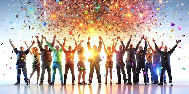 3D Glowing abstract team celebrating a digital victory with radiant confetti and lights concept as A