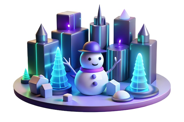 3D Glowing Figure Building a Snowman in Abstract Winter Cityscape with Neon Lights and Radiant Snowf