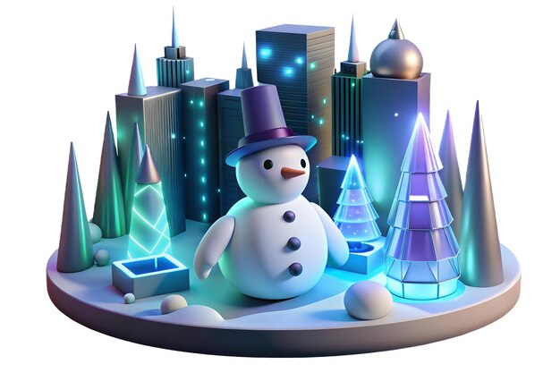 Photo 3d glowing figure building a snowman in a vibrant abstract winter cityscape with neon lights and rad