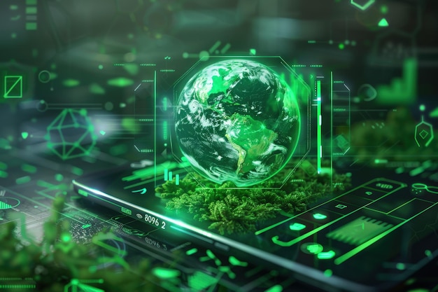 Photo 3d glowing green earth inside a tablet with green icons and technology elements on a dark background