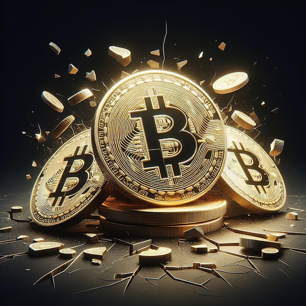 3D Gold Bitcoin Coins Ideal for Digital Artwork Financial Graphics Explosion on Black Background