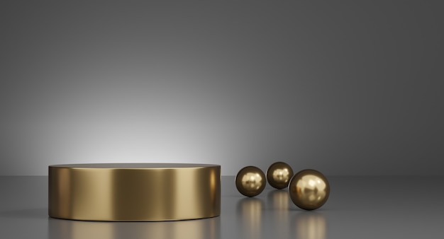 Photo 3d gold minimal podiums, pedestals, steps on the background and gold ball decoration. mock up. 3d rendering.