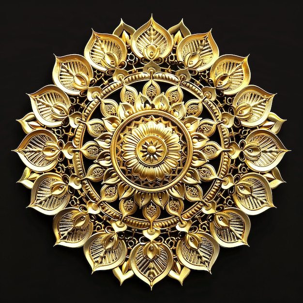 Photo 3d gold plated mandala on black background