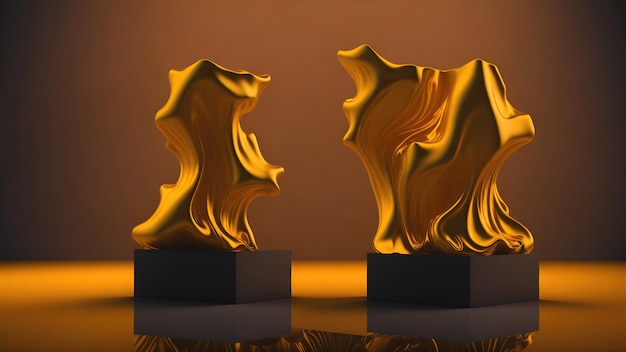 3D Gold Sculptures of Abstract Shapes on Black Pedestals Against Orange Background