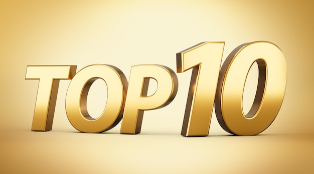 3d Gold Shiny Top 10 Text Top Ten 3d Text Isolated on Golden Background 3d illustration