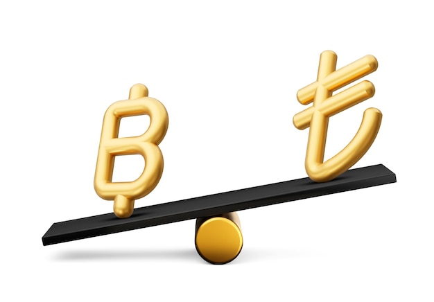 3d Golden Baht And Lira Symbol Icons With 3d Black Balance Weight Seesaw 3d illustration