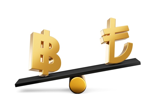 3d Golden Baht And Lira Symbol Icons With 3d Black Balance Weight Seesaw 3d illustration