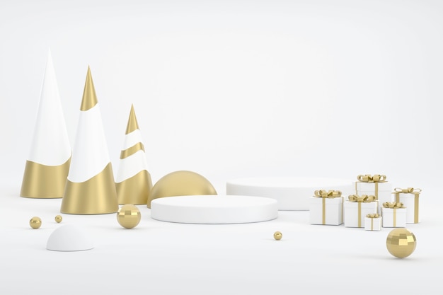 3D. Golden Christmas tree and podium for displaying products at the Christmas.