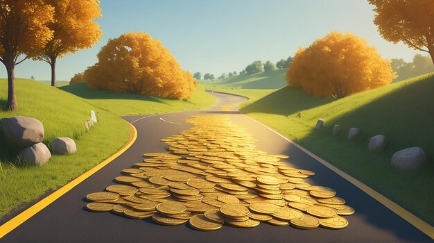 Photo 3d golden coinpaved road illustration