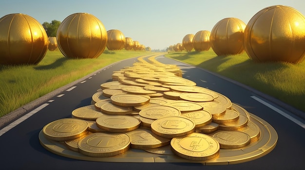 3D Golden CoinPaved Road Illustration