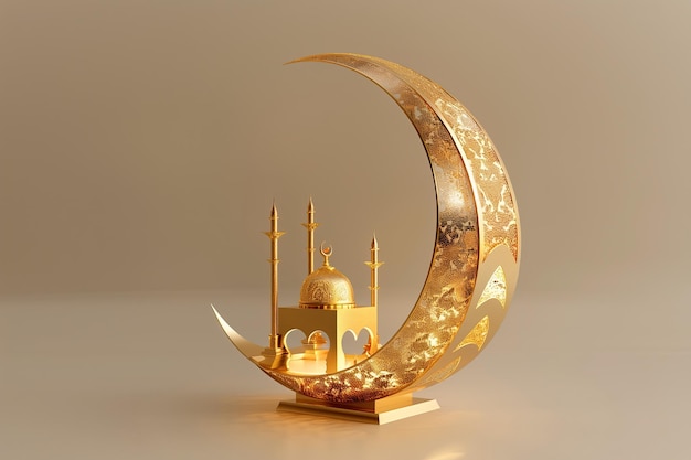 3d golden crescent in an oval shape with small mosque ramadan kareem holiday celebration concept