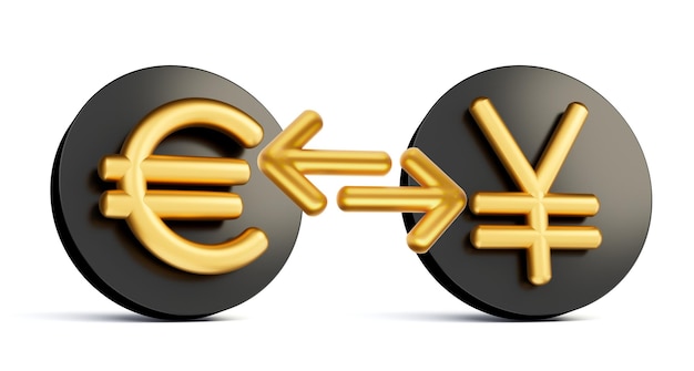 3d Golden Euro And Yen Symbol On Rounded Black Icons With Money Exchange Arrows 3d illustration