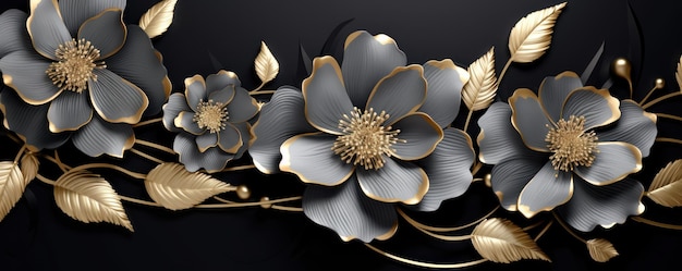 3d golden flowers on black marble background wallpaper