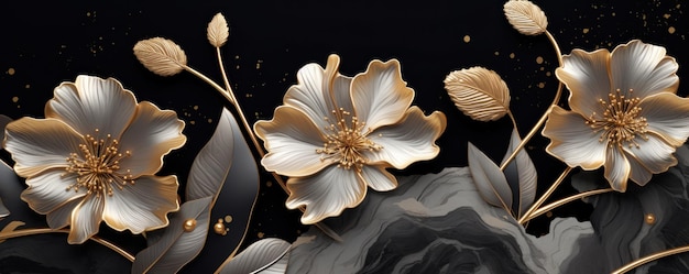 3d golden flowers on black marble background wallpaper