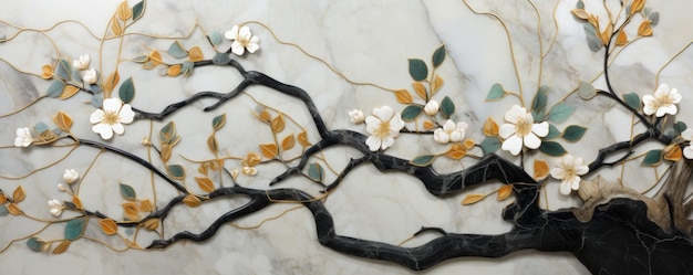 3d golden flowers on branches on an emerald marble background with black and white flowers and gold