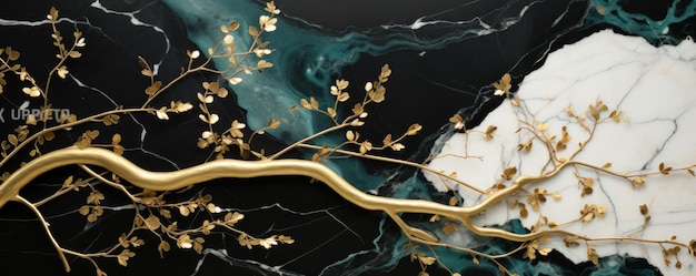 3d golden flowers on branches on an emerald marble background with black and white flowers and gold