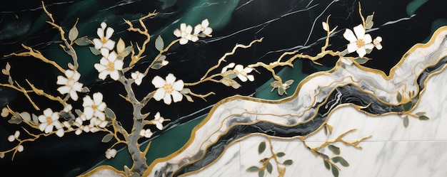 3d golden flowers on branches on an emerald marble background with black and white flowers and gold