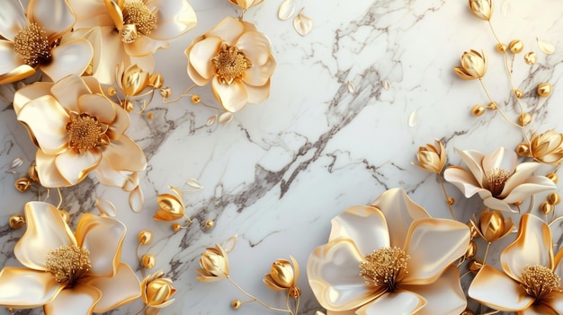 3d golden flowers on a marble background bright challenging colors wallpaper