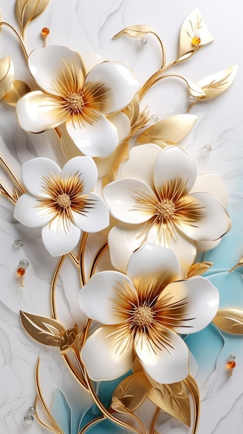 3d golden flowers on a marble background bright challenging colors wallpaper