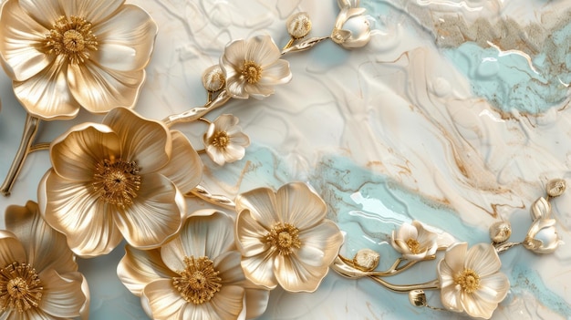 3d golden flowers on a marble background bright challenging colors wallpaper