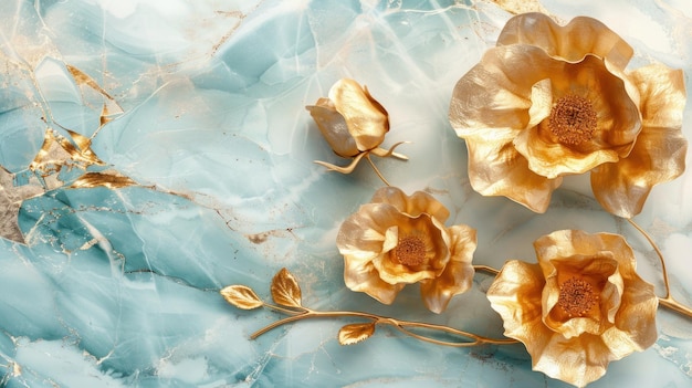 3d golden flowers on a marble background bright challenging colors wallpaper