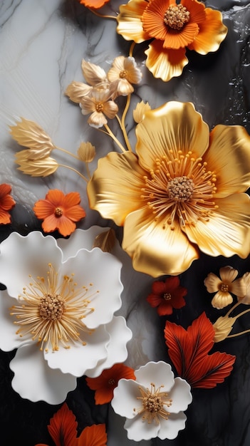 3d golden flowers on a marble background bright challenging colors wallpaper