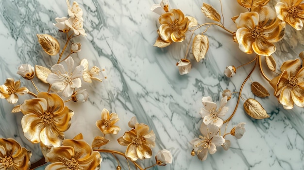 3d golden flowers on a marble background bright challenging colors wallpaper