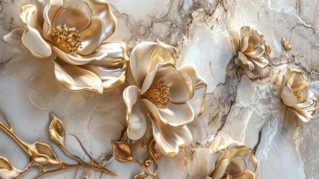 3d golden flowers on a marble background bright challenging colors wallpaper