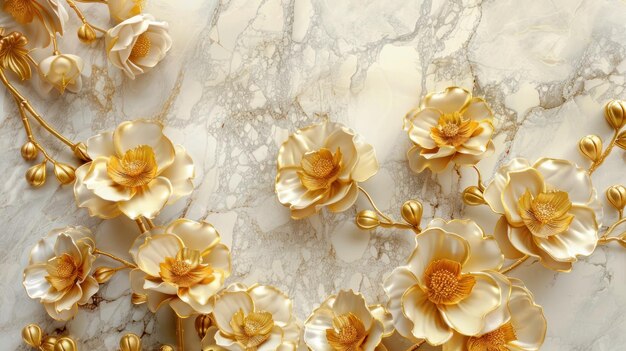 3d golden flowers on a marble background bright challenging colors wallpaper