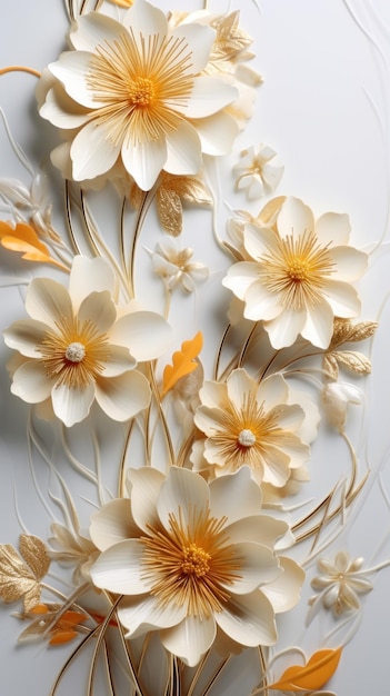 3d golden flowers on a marble background bright challenging colors wallpaper