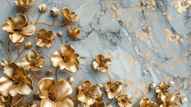 3d golden flowers on a marble background bright challenging colors wallpaper