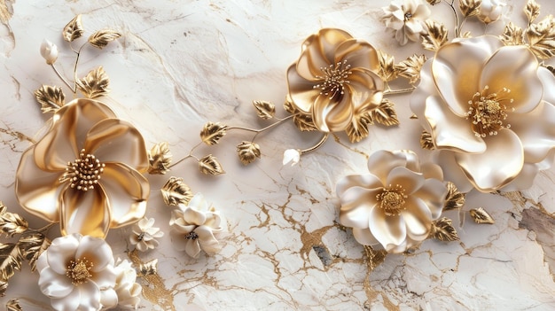 3d golden flowers on a marble background bright challenging colors wallpaper