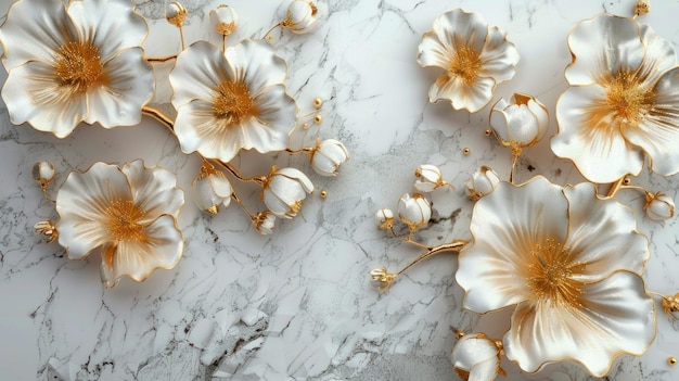 3d golden flowers on a marble background bright challenging colors wallpaper