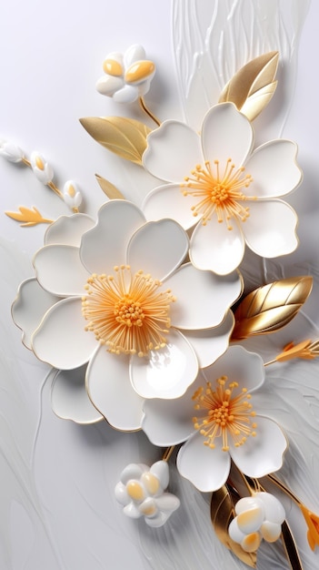 3d golden flowers on a marble background bright challenging colors wallpaper