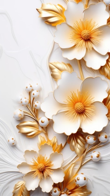 3d golden flowers on a marble background bright challenging colors wallpaper