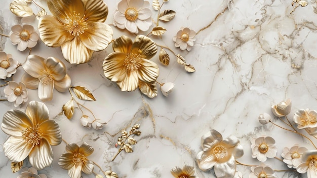 3d golden flowers on a marble background bright challenging colors wallpaper