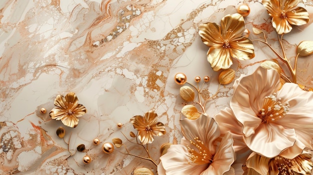 3d golden flowers on a marble background bright challenging colors wallpaper