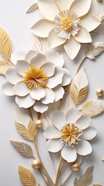 3d golden flowers on a marble background bright challenging colors wallpaper