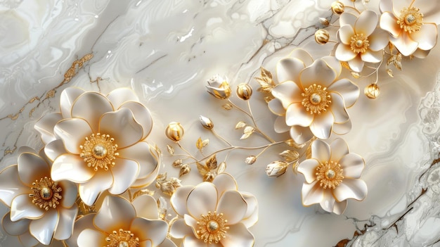 3d golden flowers on a marble background bright challenging colors wallpaper