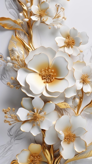 3d golden flowers on a marble background bright challenging colors wallpaper