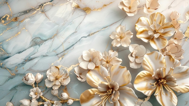 3d golden flowers on a marble background bright challenging colors wallpaper