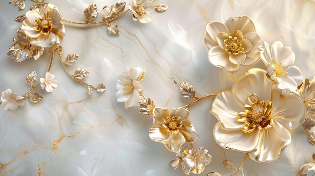 3d golden flowers on a marble background bright challenging colors wallpaper