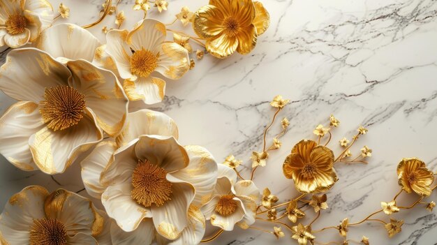 3d golden flowers on a marble background bright challenging colors wallpaper