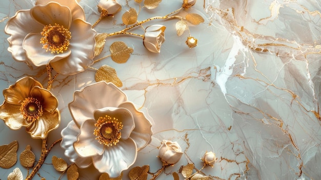 3d golden flowers on a marble background bright challenging colors wallpaper