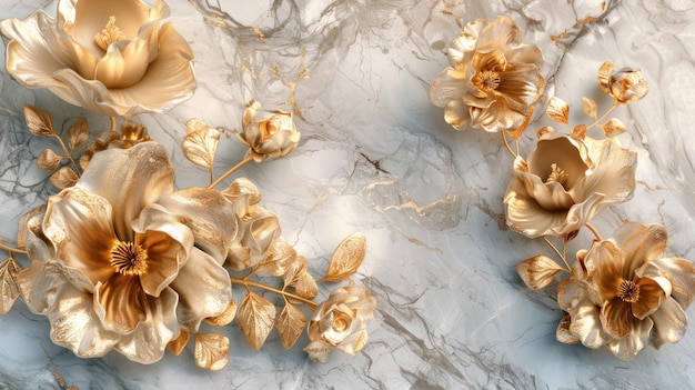 3d golden flowers on a marble background bright challenging colors wallpaper