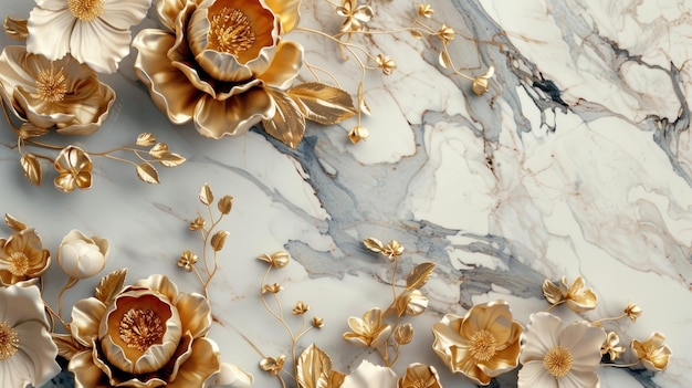 3d golden flowers on a marble background bright challenging colors wallpaper