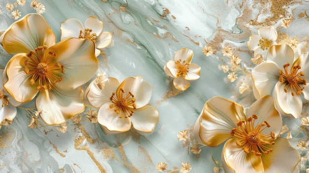 3d golden flowers on a marble background bright challenging colors wallpaper