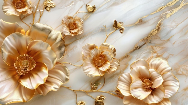 3d golden flowers on a marble background bright challenging colors wallpaper