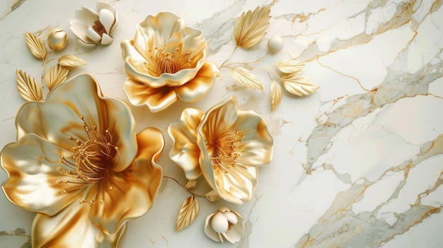 3d golden flowers on a marble background bright challenging colors wallpaper