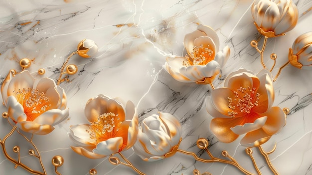 3d golden flowers on a marble background bright challenging colors wallpaper